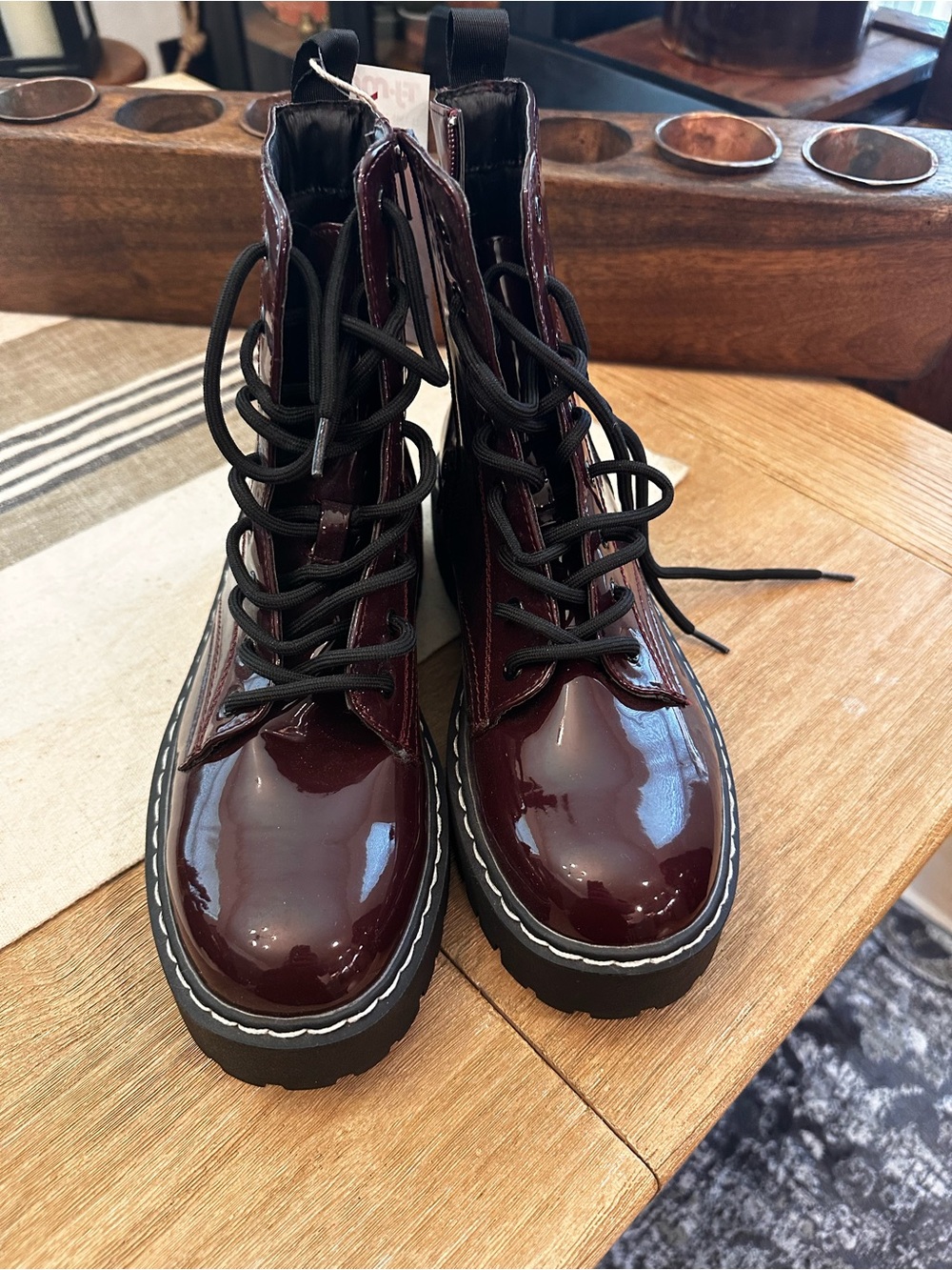 Sincerely Jules Burgundy Patent Lace-Up Combat Boots